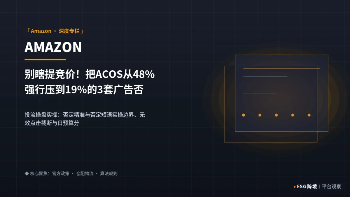 别瞎提竞价！把ACOS从48%强行压到19%的3套广告否定词过滤与时段出价模型｜深度专题图（原创专题配图）
