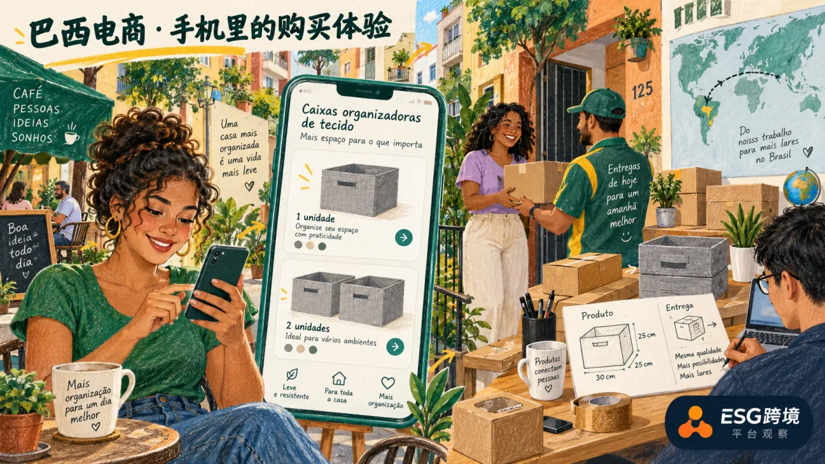 巴西消费者使用手机浏览商品、卖家准备葡萄牙语资料与交付的场景示意（原创专题配图）