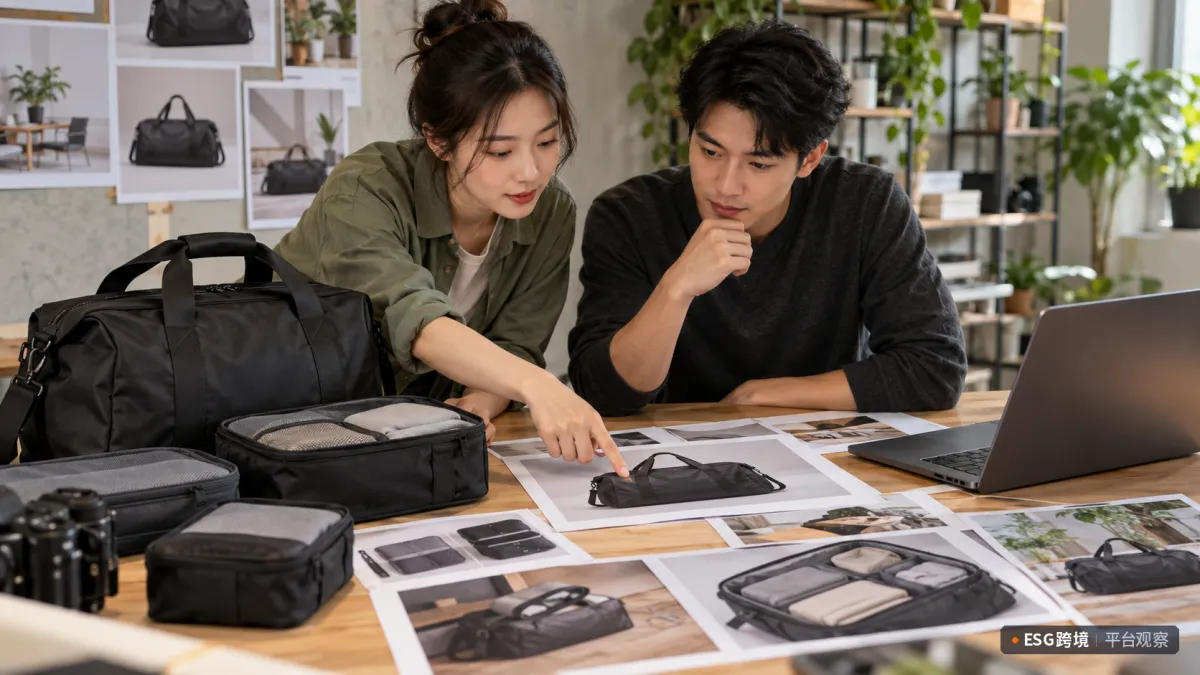 运营团队核对旅行包产品图和实物