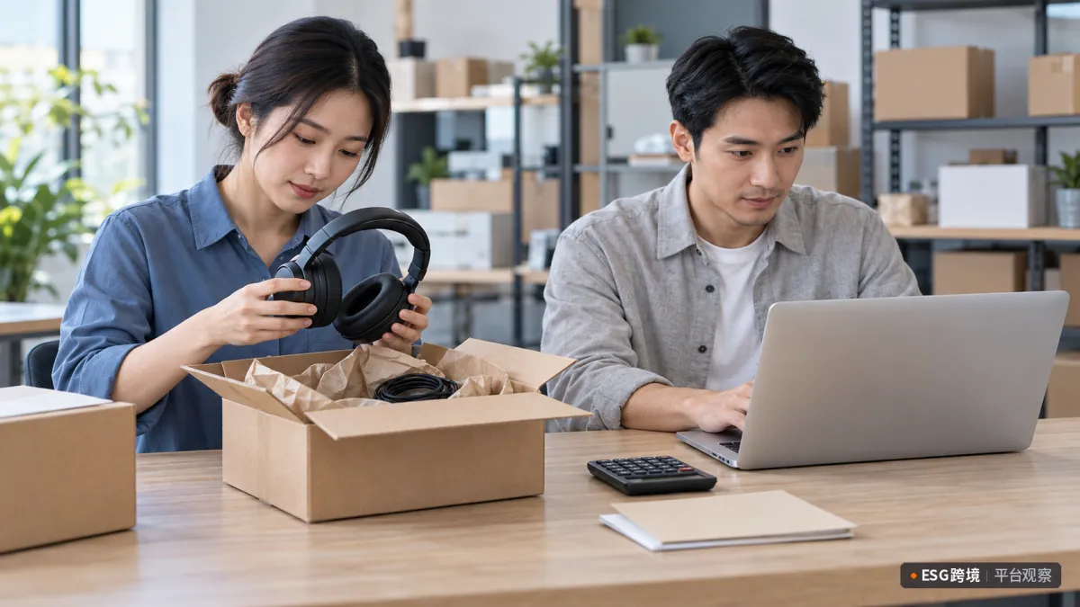 AI示意：退回商品核验与费用复核的工作场景；人物、商品及设备均为示意。（原创专题配图）