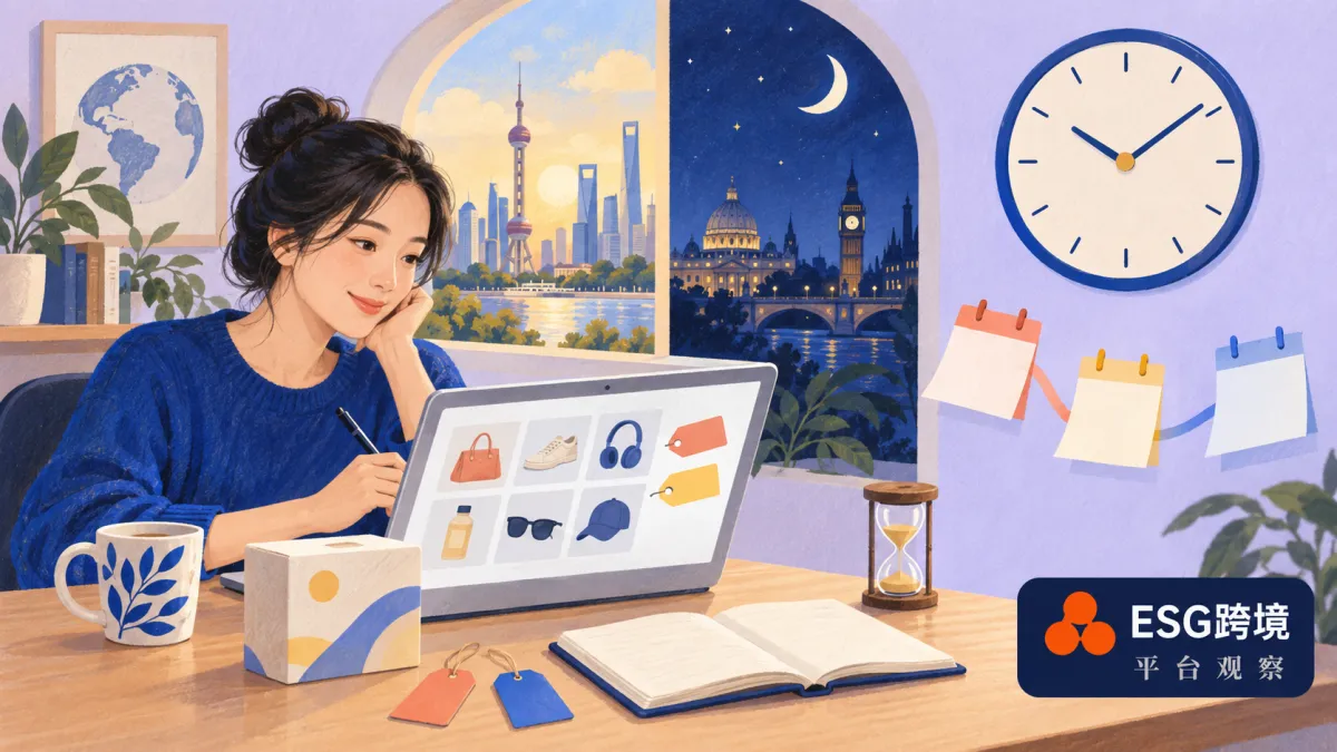 跨境店铺促销的价格标签、日期与商品页面同步的原创经营概念示意（原创专题配图）