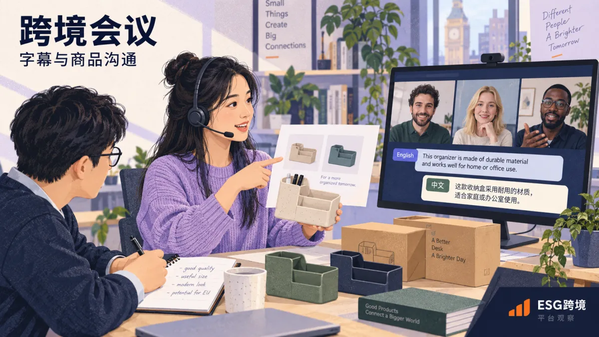 跨境商品会议中的双语字幕阅读与规格事项确认原创协作概念示意（原创专题配图）
