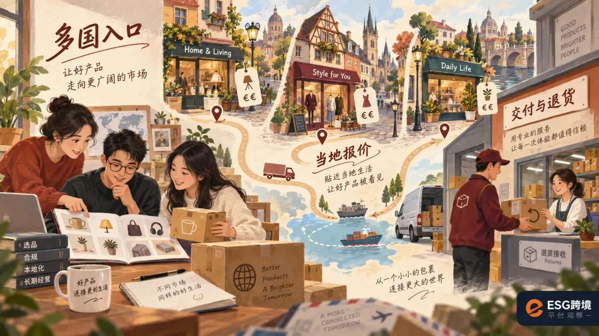 欧洲多国电商入口与中国企业开店准备原创场景示意（原创专题配图）
