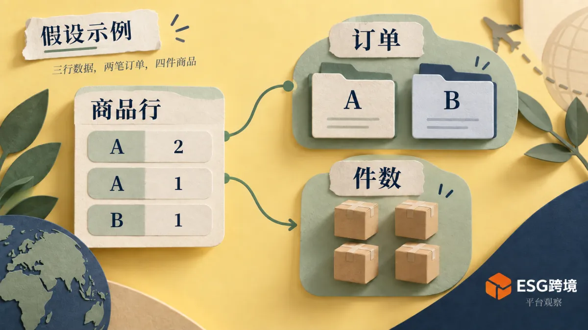 订单、商品行与件数分开汇总原创数据观察示意（原创专题配图）