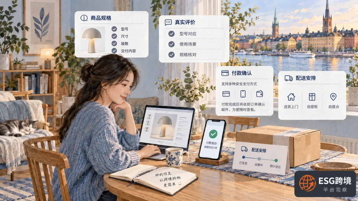 瑞典消费者从商品确认到付款配送的购买信息原创概念插画（原创专题配图）