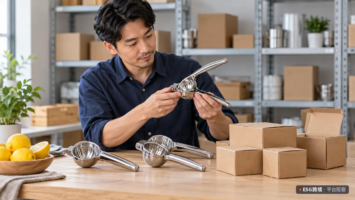 厨房用品卖家检查一件工具，工作台上摆着小批量商品与纸箱。