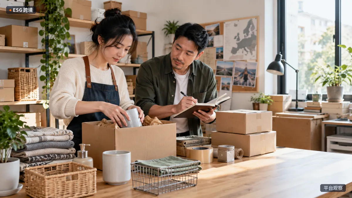 成年人在小型电商打包工作区整理家居商品并规划欧洲市场发货。（原创专题配图）