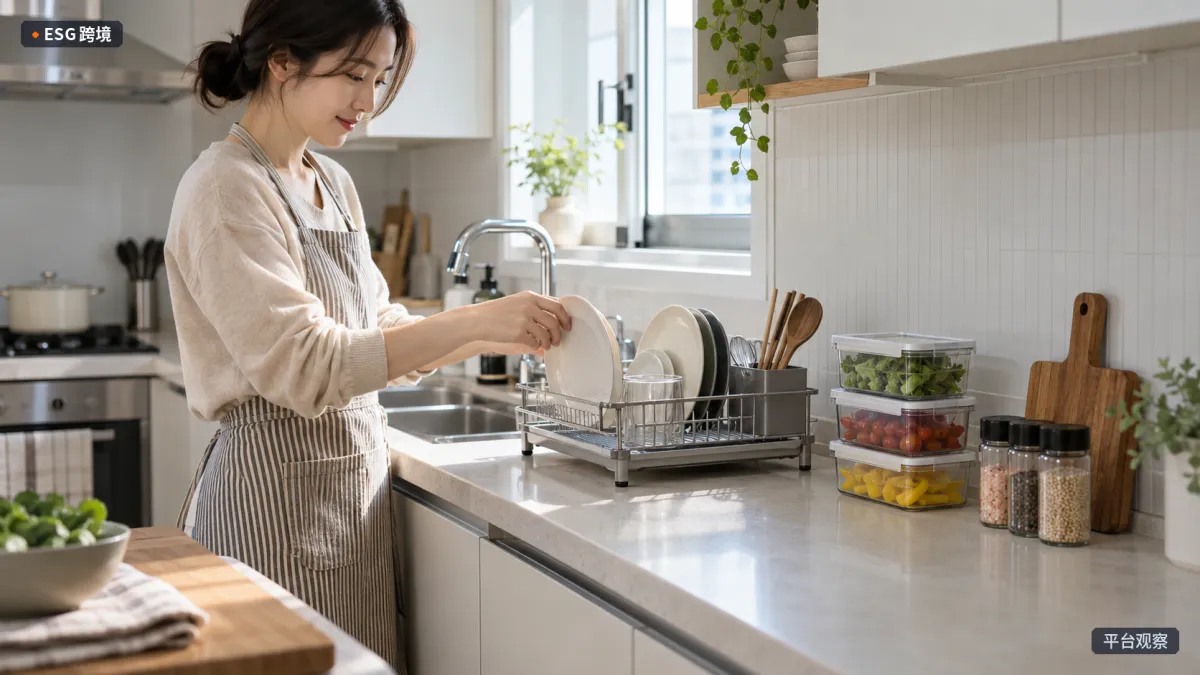 现代韩国家庭厨房中，成年人整理沥水架、透明收纳盒与调味用品，展现厨房小件带来的日常便利。（原创专题配图）