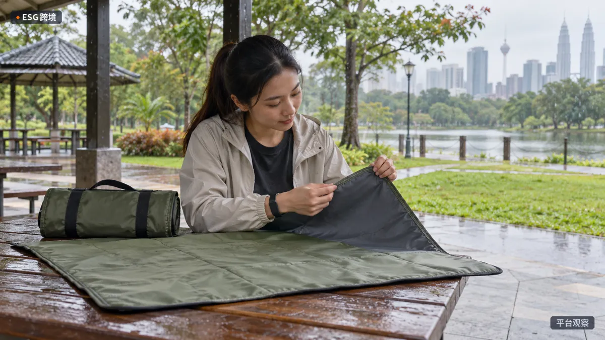 马来西亚城市公园雨后场景中，户外使用者检查折叠野餐垫接缝与收纳细节。（原创专题配图）