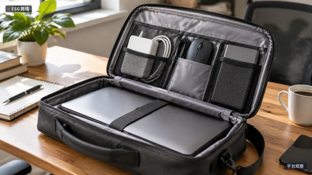 办公桌旁打开的电脑包，笔记本、充电器和鼠标分别放在独立隔层中（原创专题配图）