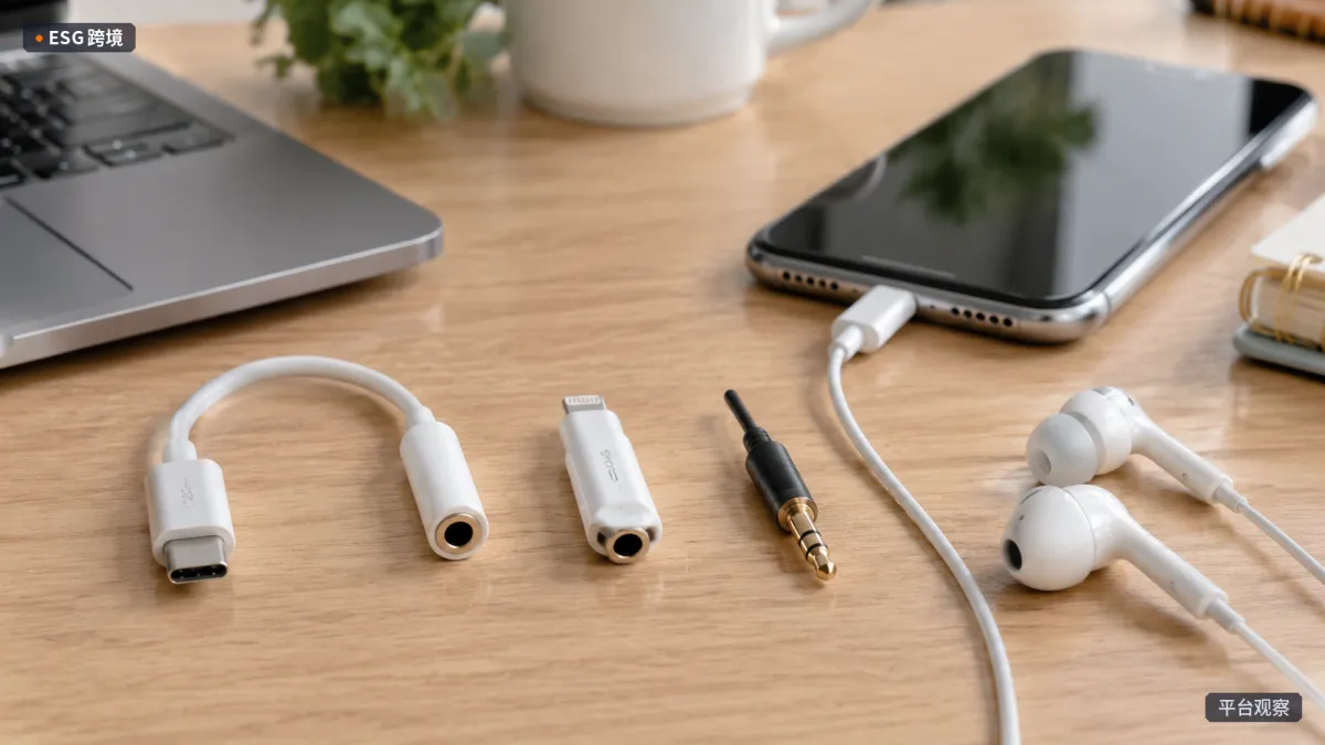 桌面上摆放USB-C、Lightning和3.5毫米耳机转接配件，旁边连接智能手机与有线耳机（原创专题配图）