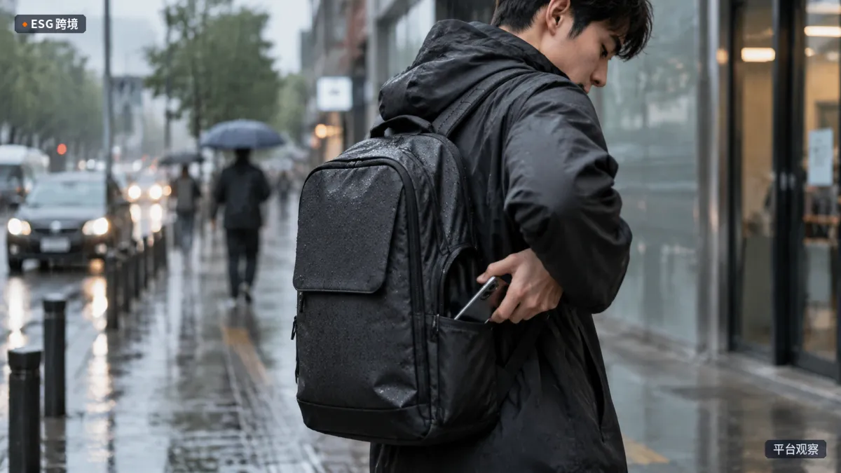 雨天街道旁，通勤者背着深色背包打开侧袋取出手机，背包表面带有细小雨珠。（原创专题配图）