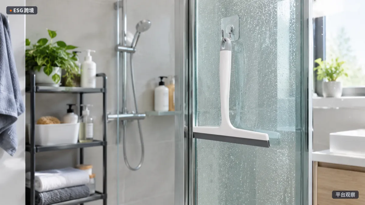 明亮浴室淋浴区旁，玻璃门边挂着一把浴室刮水器，旁边摆放简洁的清洁用品收纳架。（原创专题配图）