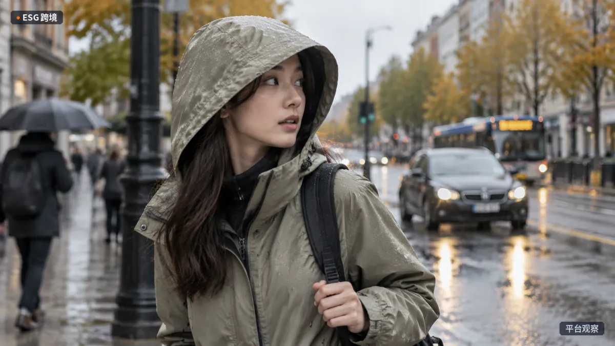 阴雨街道旁，通勤者穿着连帽外套转头观察路况，帽沿保持清晰视线。（原创专题配图）