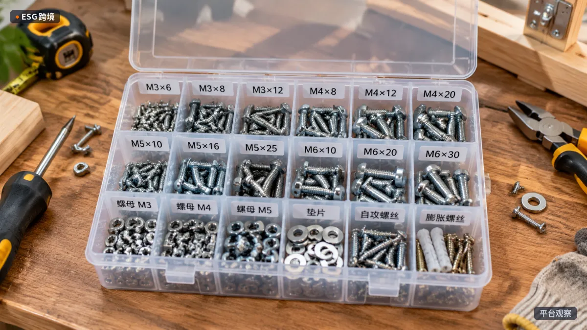 家庭工作台上打开的分格螺丝收纳盒，不同规格螺丝按标签整齐排列（原创专题配图）