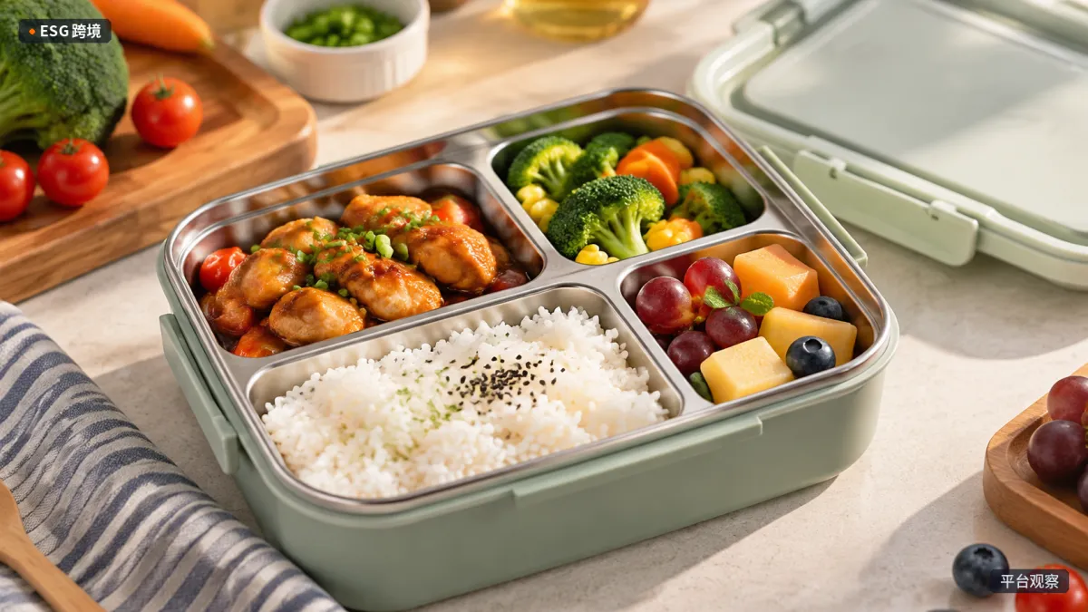 厨房台面上摆放打开的分格饭盒，米饭、主菜、蔬菜和水果分别装入不同隔层。（原创专题配图）